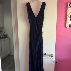 Sky Navy Maxi Dress side ruching and slit